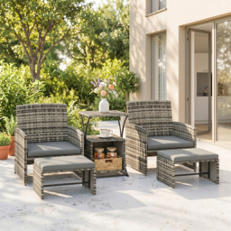 Outsunny 6 Piece Rattan Garden Furniture, Space-Saving Patio Furniture Set with Nesting Tables, Chairs, Stools, Cushions, Grey - thumbnail 2