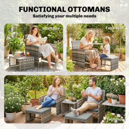Outsunny 6 Piece Rattan Garden Furniture, Space-Saving Patio Furniture Set with Nesting Tables, Chairs, Stools, Cushions, Grey - thumbnail 7