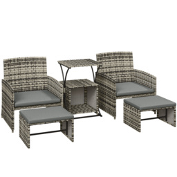 Outsunny 6 Piece Rattan Garden Furniture, Space-Saving Patio Furniture Set with Nesting Tables, Chairs, Stools, Cushions, Grey - thumbnail 1