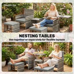 Outsunny 6 Piece Rattan Garden Furniture, Space-Saving Patio Furniture Set with Nesting Tables, Chairs, Stools, Cushions, Grey - thumbnail 5