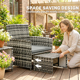Outsunny 6 Piece Rattan Garden Furniture, Space-Saving Patio Furniture Set with Nesting Tables, Chairs, Stools, Cushions, Grey - thumbnail 4