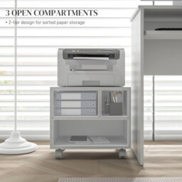 HOMCOM 2-Tier Printer Stand w/ Storage, Under Desk Printer Cart on Wheels w/ 3 Compartments, Desktop Printer Table for Home Office, White - Aosom UK - thumbnail 4