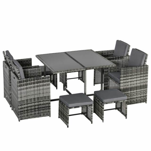 Outsunny 9PC Rattan Dining Set Rattan Garden Furniture with UV Protect, Weave Wicker 8 Seater Stool, Mixed Grey - Aosom UK - image 1