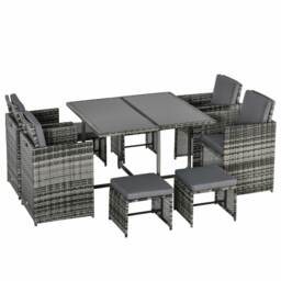 Outsunny 9PC Rattan Dining Set Rattan Garden Furniture with UV Protect, Weave Wicker 8 Seater Stool, Mixed Grey - Aosom UK