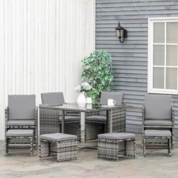Outsunny 9PC Rattan Dining Set Rattan Garden Furniture with UV Protect, Weave Wicker 8 Seater Stool, Mixed Grey - Aosom UK - thumbnail 2