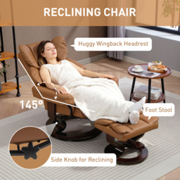 HOMCOM 360° Swivel Recliner Chair with Footstool, PU Leather Manual Recliner Armchair with Footstool, Solid Wood Base, Upholstered Reclining Chair for Living Room, Bedroom, Office, Brown - thumbnail 4