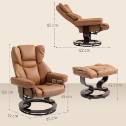 HOMCOM 360° Swivel Recliner Chair with Footstool, PU Leather Manual Recliner Armchair with Footstool, Solid Wood Base, Upholstered Reclining Chair for Living Room, Bedroom, Office, Brown - thumbnail 3