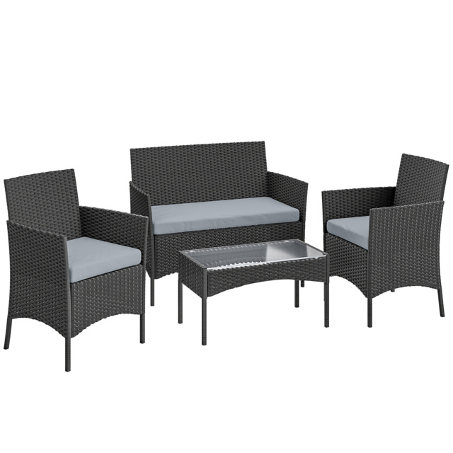 Outsunny 4 Piece Rattan Garden Furniture Sofa Set with Loveseat, Armchairs, Glass-Top Coffee Table and Cushions, Black - image 1