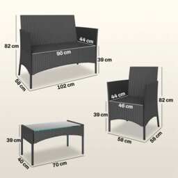 Outsunny 4 Piece Rattan Garden Furniture Sofa Set with Loveseat, Armchairs, Glass-Top Coffee Table and Cushions, Black - thumbnail 3