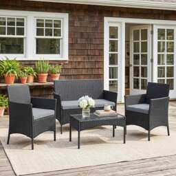 Outsunny 4 Piece Rattan Garden Furniture Sofa Set with Loveseat, Armchairs, Glass-Top Coffee Table and Cushions, Black - thumbnail 2