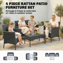 Outsunny 4 Piece Rattan Garden Furniture Sofa Set with Loveseat, Armchairs, Glass-Top Coffee Table and Cushions, Black - thumbnail 4