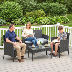 Outsunny 4 Piece Rattan Garden Furniture Sofa Set with Loveseat, Armchairs, Glass-Top Coffee Table and Cushions, Black - thumbnail 9