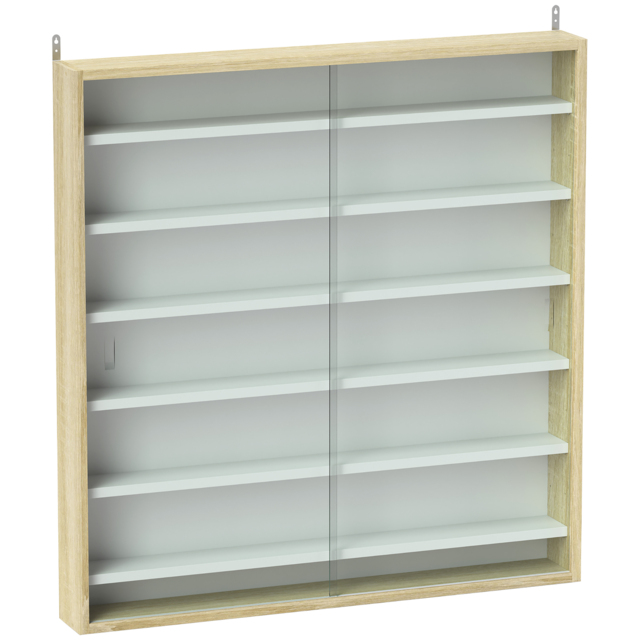 HOMCOM 7-Tier Wall Display Shelf Unit Cabinet w/ 6 Adjustable Shelves Glass Doors Home Office Ornaments 83x80cm, Oak - image 1