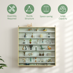 HOMCOM 7-Tier Wall Display Shelf Unit Cabinet w/ 6 Adjustable Shelves Glass Doors Home Office Ornaments 83x80cm, Oak - thumbnail 6