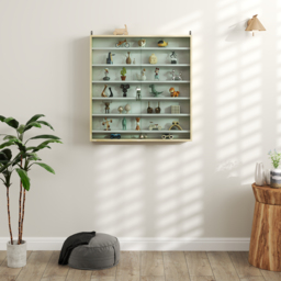 HOMCOM 7-Tier Wall Display Shelf Unit Cabinet w/ 6 Adjustable Shelves Glass Doors Home Office Ornaments 83x80cm, Oak - thumbnail 9