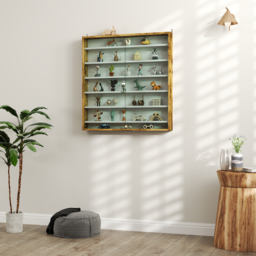 HOMCOM 7-Tier Wall Display Shelf Unit Cabinet w/ 6 Adjustable Shelves Glass Doors Home Office Ornaments 83x80cm, Oak - thumbnail 7