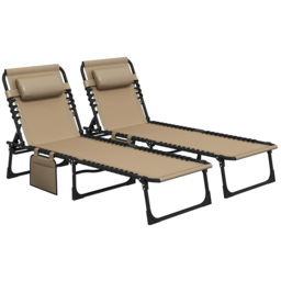 Outsunny Portable Sun Lounger Set of 2, Folding Camping Bed Cot, Reclining Lounge Chair 5-position Adjustable Backrest with Side Pocket  - Aosom UK - thumbnail 1