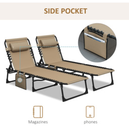 Outsunny Portable Sun Lounger Set of 2, Folding Camping Bed Cot, Reclining Lounge Chair 5-position Adjustable Backrest with Side Pocket  - Aosom UK - thumbnail 7