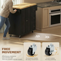 HOMCOM Kitchen Island on Wheels, Rolling Kitchen Storage Trolley with Drop Leaf, Drawers, Towel and Spice Rack, Black - thumbnail 7