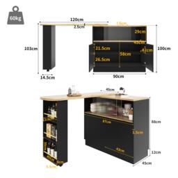 360° Rotating Bar Cabinet Table, Sliding Glass Doors, Open Shelves, Space-Saving Drinks Station for Dining Room, 90x120x100 cm, Black - Aosom UK - thumbnail 3