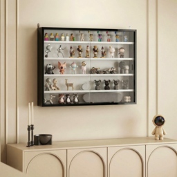 HOMCOM 5-Tier Wall Display Cabinet,  Wall Mounted Display Case w/ 4 Adjustable Shelves, Glass Doors, 60x80cm, Black and White - thumbnail 2