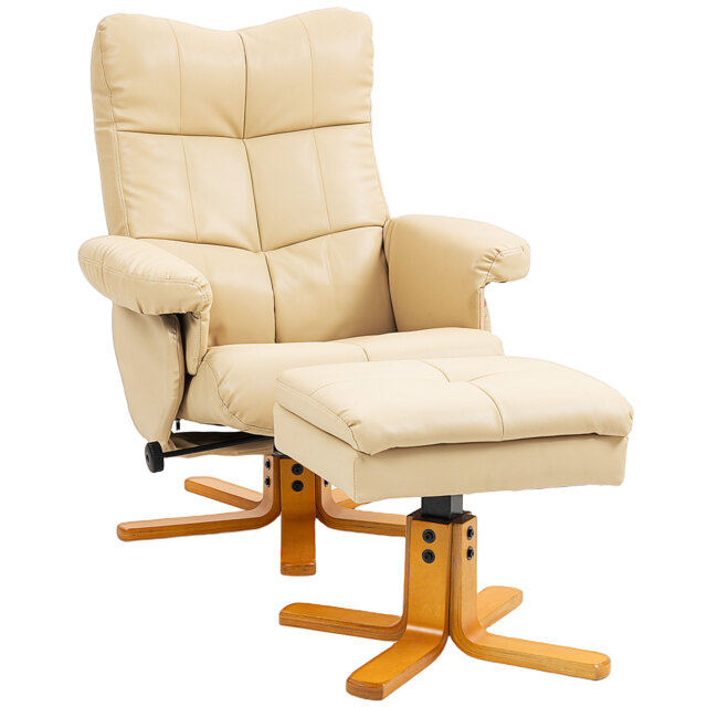 HOMCOM PU Leather Swivel Recliner Chair with Footstool, Wooden Base and Storage for Living Room, Beige - image 1