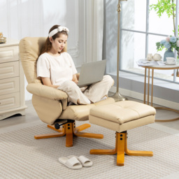 HOMCOM PU Leather Swivel Recliner Chair with Footstool, Wooden Base and Storage for Living Room, Beige - thumbnail 9