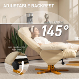 HOMCOM PU Leather Swivel Recliner Chair with Footstool, Wooden Base and Storage for Living Room, Beige - thumbnail 4