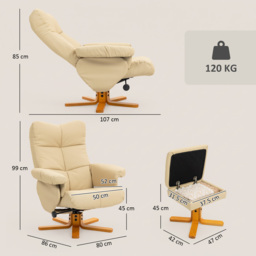 HOMCOM PU Leather Swivel Recliner Chair with Footstool, Wooden Base and Storage for Living Room, Beige - thumbnail 3