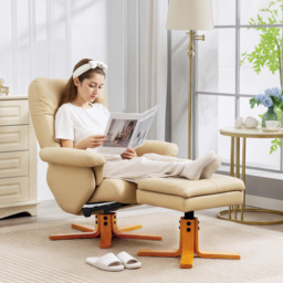 HOMCOM PU Leather Swivel Recliner Chair with Footstool, Wooden Base and Storage for Living Room, Beige - thumbnail 8