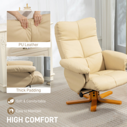 HOMCOM PU Leather Swivel Recliner Chair with Footstool, Wooden Base and Storage for Living Room, Beige - thumbnail 6