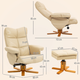 HOMCOM PU Leather Swivel Recliner Chair with Footstool, Wooden Base and Storage for Living Room, Beige - thumbnail 3