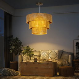 HOMCOM Hemp Rope Pendant Light, 3-Layer Boho Ceiling Light Shade, E14 Vintage Lampshade for Living Room, Bedroom, Kitchen, Hallway, Light Brown - thumbnail 6