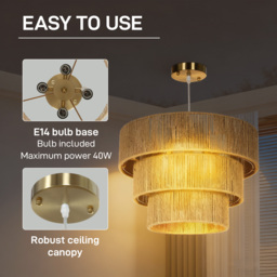 HOMCOM Hemp Rope Pendant Light, 3-Layer Boho Ceiling Light Shade, E14 Vintage Lampshade for Living Room, Bedroom, Kitchen, Hallway, Light Brown - thumbnail 5