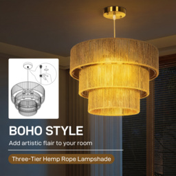 HOMCOM Hemp Rope Pendant Light, 3-Layer Boho Ceiling Light Shade, E14 Vintage Lampshade for Living Room, Bedroom, Kitchen, Hallway, Light Brown - thumbnail 4