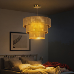 HOMCOM Hemp Rope Pendant Light, 3-Layer Boho Ceiling Light Shade, E14 Vintage Lampshade for Living Room, Bedroom, Kitchen, Hallway, Light Brown - thumbnail 2