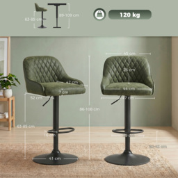 HOMCOM Bar Stools Adjustable Swivel Kitchen Chairs with Backrest Set of 2 for Kitchen Island Dark Green - thumbnail 3