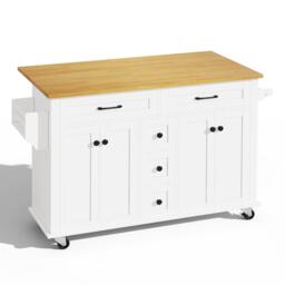 Versatile Kitchen Trolley with Extendable Worktop and 5 Drawers, Sturdy Buffet with Lockable Castors, 140L x 65W x 89H cm, White+Natural - Aosom UK - thumbnail 2