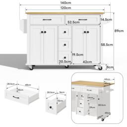Versatile Kitchen Trolley with Extendable Worktop and 5 Drawers, Sturdy Buffet with Lockable Castors, 140L x 65W x 89H cm, White+Natural - Aosom UK - thumbnail 3