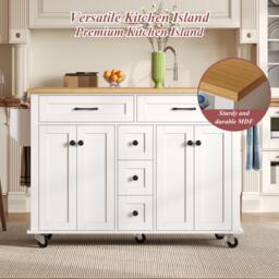 Versatile Kitchen Trolley with Extendable Worktop and 5 Drawers, Sturdy Buffet with Lockable Castors, 140L x 65W x 89H cm, White+Natural - Aosom UK - thumbnail 4