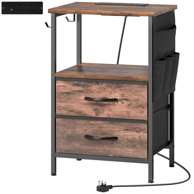 HOMCOM Bedside Table with Charging Station - Rustic Brown - image 1