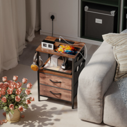 HOMCOM Bedside Table with Charging Station - Rustic Brown - thumbnail 2