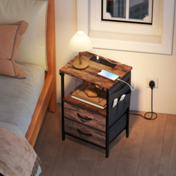 HOMCOM Bedside Table with Charging Station - Rustic Brown - thumbnail 8