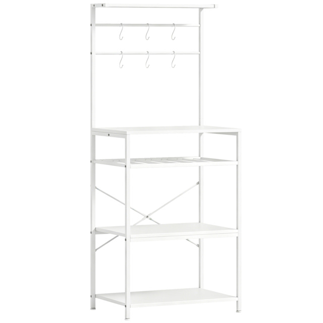 HOMCOM Freestanding Shelving Unit, Industrial Storage Shelf with 6 Hooks and Wine Rack for Living Room, Home Office, White - image 1