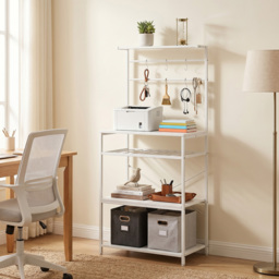HOMCOM Freestanding Shelving Unit, Industrial Storage Shelf with 6 Hooks and Wine Rack for Living Room, Home Office, White - thumbnail 8