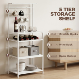 HOMCOM Freestanding Shelving Unit, Industrial Storage Shelf with 6 Hooks and Wine Rack for Living Room, Home Office, White - thumbnail 4