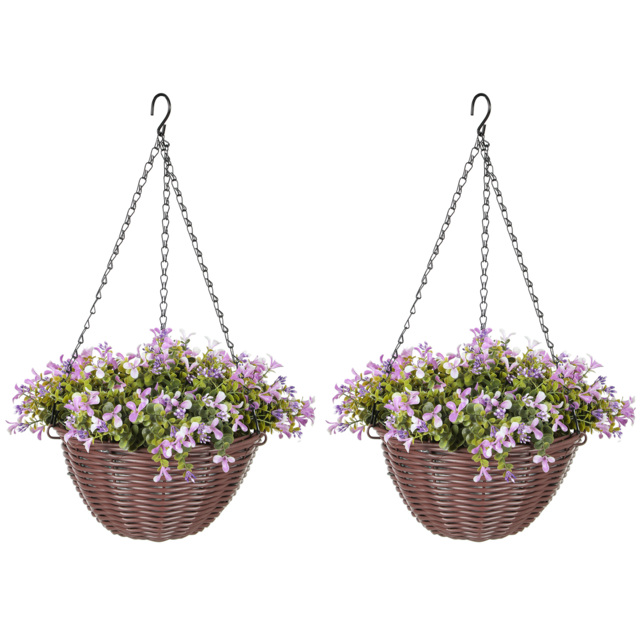HOMCOM Artificial Flowers in Basket Set of 2, Artificial Hanging Baskets with 75 Leaves and 15 Flowers in Pot, Decorative Plant for Home Office Decor, Purple - image 1