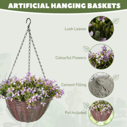 HOMCOM Artificial Flowers in Basket Set of 2, Artificial Hanging Baskets with 75 Leaves and 15 Flowers in Pot, Decorative Plant for Home Office Decor, Purple - thumbnail 4