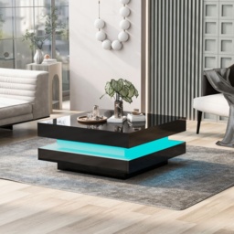 Stylish High Gloss Coffee Table with Rotating Top, 16-Colour LED Light, Lift Top Rectangular Sofa Table for Living Room, 70x70x36 cm, Black - Aosom.UK - thumbnail 1