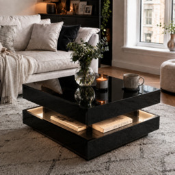 Stylish High Gloss Coffee Table with Rotating Top, 16-Colour LED Light, Lift Top Rectangular Sofa Table for Living Room, 70x70x36 cm, Black - Aosom.UK